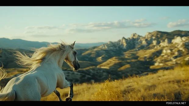 A stunning white horse rearing up against a backdrop of mountains, its mane flowing wildly, full of raw energy.