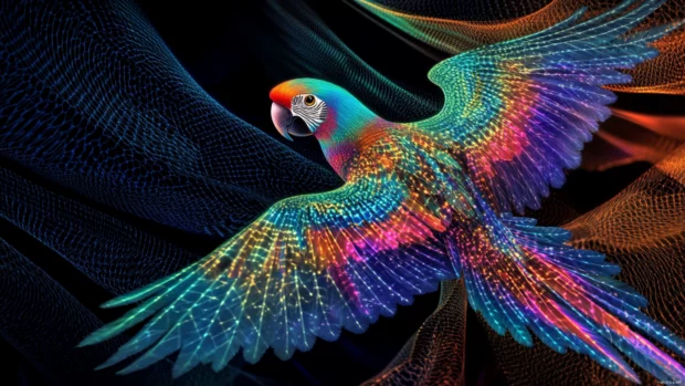 A stylized digital artwork of a neon colored parrot flying through glowing rings, designed for a parrot desktop wallpaper.