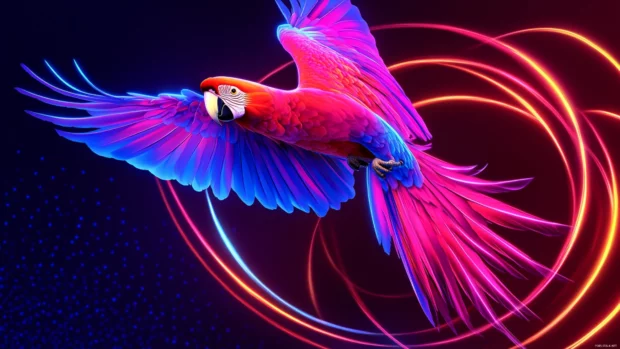 A stylized digital artwork of a neon colored parrot flying through glowing rings, designed for a parrot desktop wallpaper.