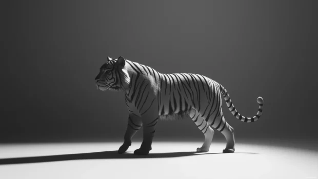 A stylized tiger silhouette in black and white, with sharp clean lines, centered on a plain background, strong minimalist vibe.