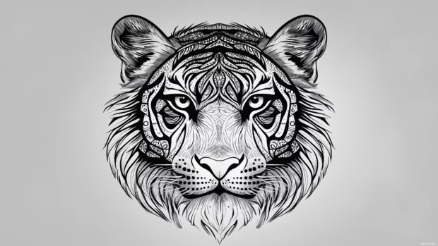 A stylized tribal tiger head design in black and white, symmetrical line art with intricate patterns filling the tigers face, bold.