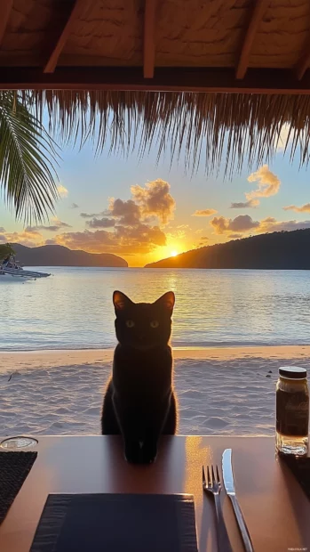 A sunset over a tropical beach with palm trees.