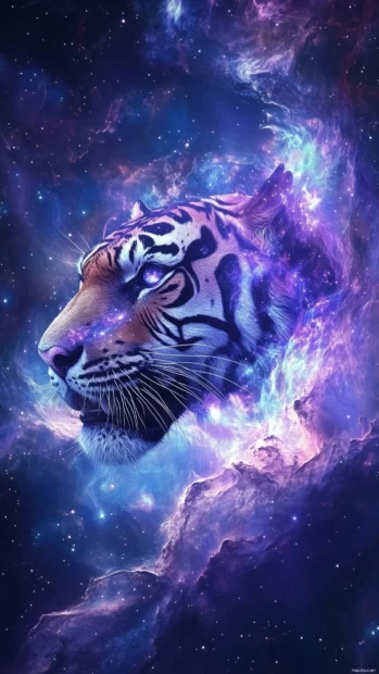 A surreal floating tiger head with cosmic galaxy effects, stars, nebula clouds, and swirling galaxies filling the tiger stripes, vibrant shades of blue, purple, and pink.