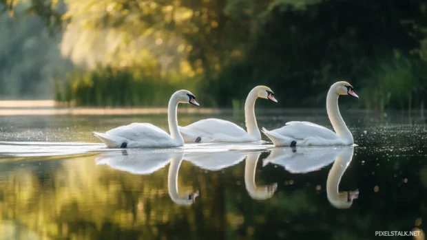 A swan family gliding gently across a still lake, their reflections mirrored in soft light, perfect for bird wallpaper.