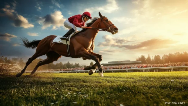 A thoroughbred horse racing on the track, spectators cheering in excitement.