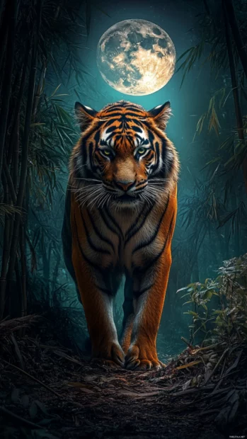 A tiger bathed in moonlight, its black and gold fur shining in a mystical bamboo grove.