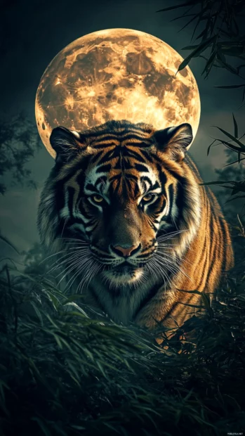 A tiger, black and gold, standing under moonlight in an enchanted bamboo forest.