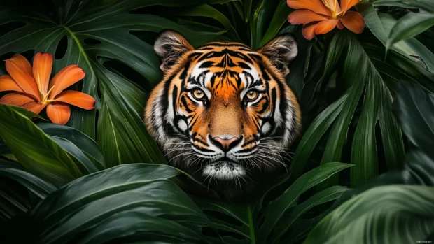 A tiger blending into a vibrant jungle of tropical leaves and flowers.