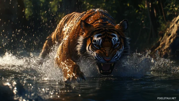 A tiger charging through a river, its powerful muscles visible beneath its wet fur, water splashing around as it snarls.