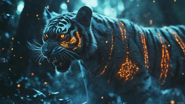 A tiger covered in glowing tribal markings, standing in a sacred jungle clearing, its growl sending shockwaves through the trees.