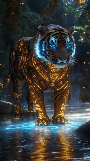A tiger covered in luminescent tribal tattoos, standing in a glowing rainforest.