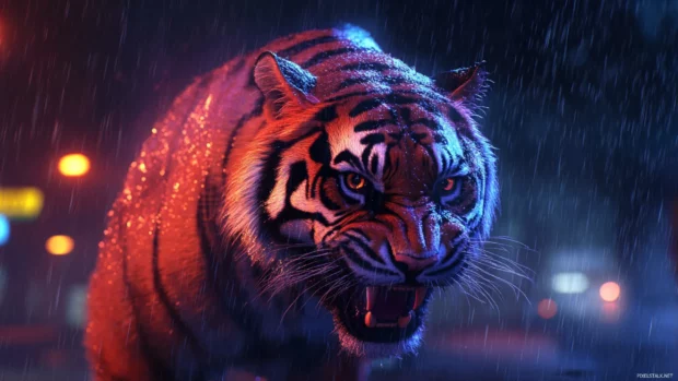 A tiger drenched in rain, its muscles tensed as it lets out a deafening growl, neon city lights reflecting off its wet fur.