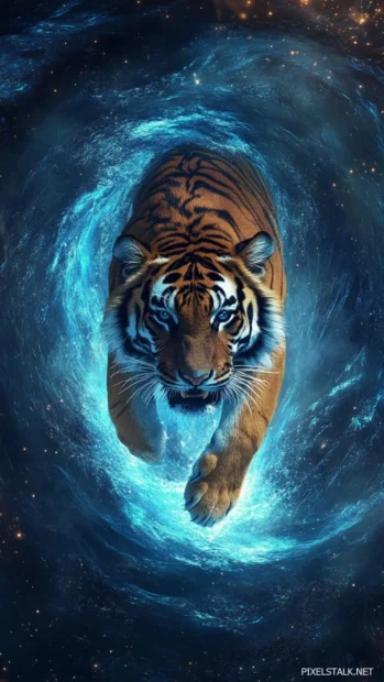A tiger emerging from a portal, surrounded by swirling blue energy.