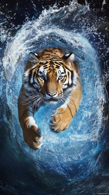 A tiger emerging from a portal, surrounded by swirling blue energy, caught between two dimensions.