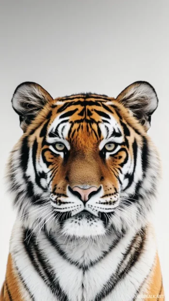 A tiger facing front, aligned neatly, gray gradient background, crisp design.