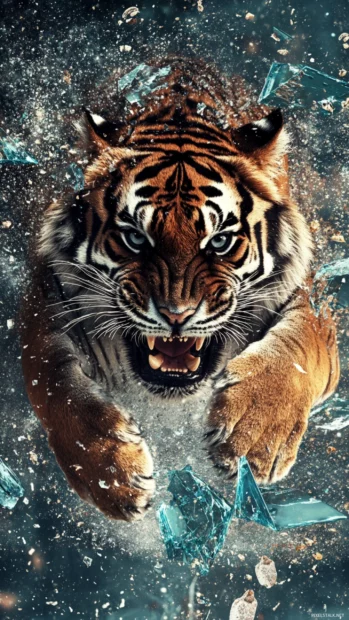 A tiger frozen in time, surrounded by shattered glass and floating particles, an artistic surreal effect.