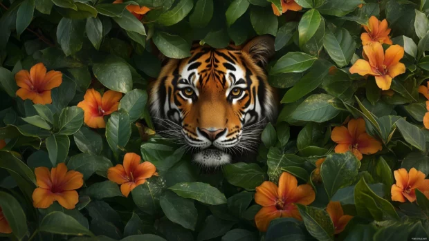 A tiger in lush jungle, leaves and blooms in abstract mosaic, face subtle among plants, vivid green orange.