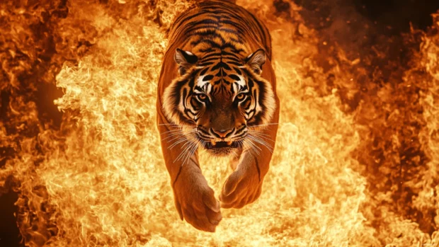 A tiger leaping through a wall of fire, its fur blazing with energy.