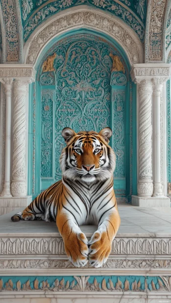 A tiger lies calm on stone, simple backdrop, gentle natural colors shine.