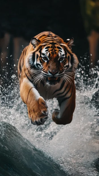 A tiger mid leap, splashing through water, with motion blur adding an artistic dynamic effect.