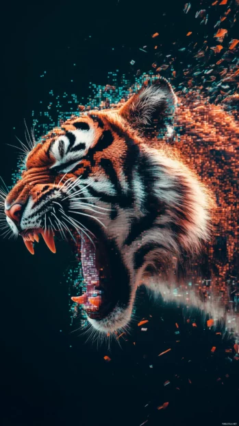 A tiger mid leap through a digital glitch effect, Tiger Wallpaper 4K for desktop.