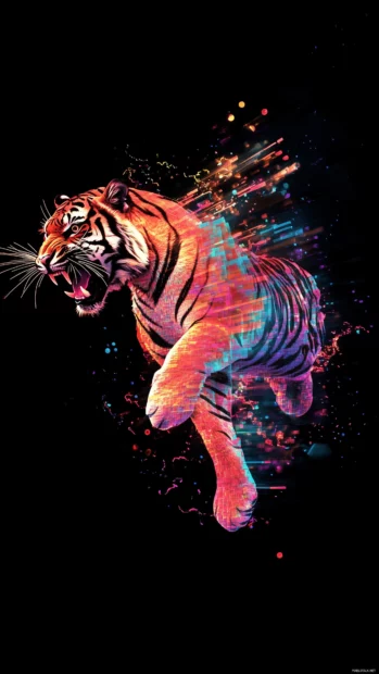 A tiger mid leap through a digital glitch effect, its form breaking apart into pixelated fragments, a fusion of modern digital art and wild nature.