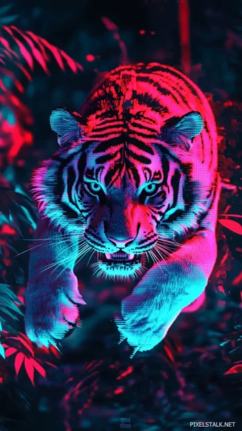A tiger mid leap through a digital glitch effect, its form breaking into pixelated fragments.