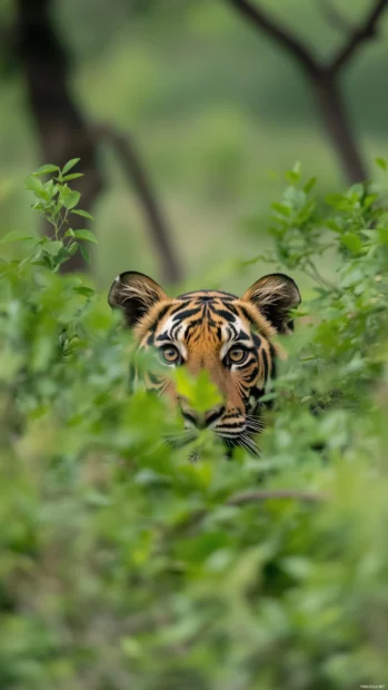 A tiger peeking through lush green leaves with a blurred simple background, clean focus on the tiger’s eyes.