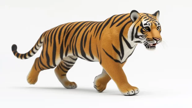 A tiger prowling forward with a simple white gradient background.