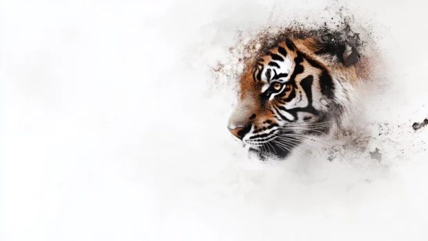 A tiger prowling forward with a simple white gradient background, focus on the intense eyes and sharp details on the head.