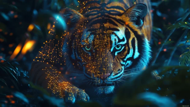 A tiger prowling through a cybernetic jungle, glowing circuitry forming in its fur.