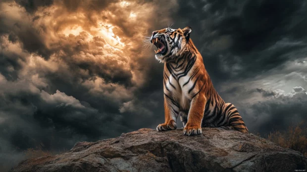 A tiger roaring on a cliffside, a hurricane raging in the background.