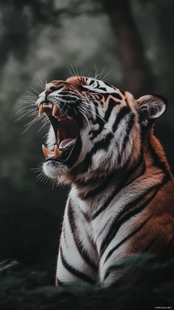 A tiger roaring with its mouth wide open, minimalist dark background for dramatic effect, intense emotion, clean design.