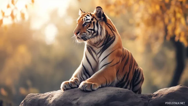 A tiger sitting calmly on a rocky surface, minimalist background with light beige tones.