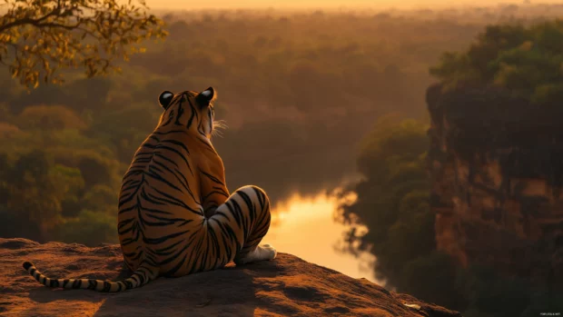 A tiger sitting on a hilltop overlooking a vast valley at sunrise, golden rays of sunlight illuminating the scene (2).