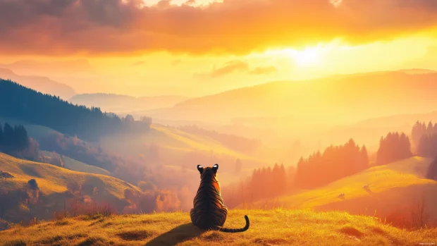 A tiger sitting on a hilltop overlooking a vast valley at sunrise, golden rays of sunlight illuminating the scene.