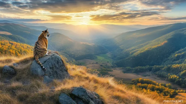 A tiger sitting on a hilltop overlooking a vast valley at sunrise, golden rays of sunlight illuminating the scene, scenic view of the natural landscape below.