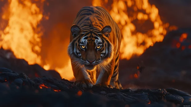 A tiger standing at the edge of a volcano, lava bubbling behind it, its eyes glowing like embers as it snarls.