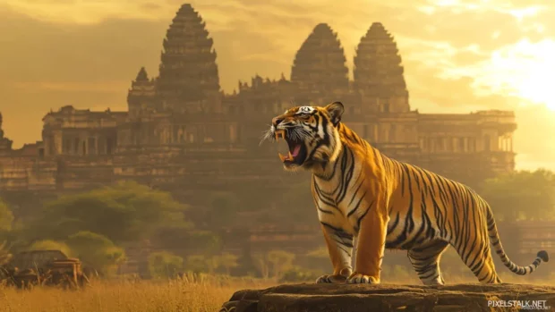 A tiger standing before an ancient temple, roaring fiercely as golden light spills from behind, a mystical and legendary presence.