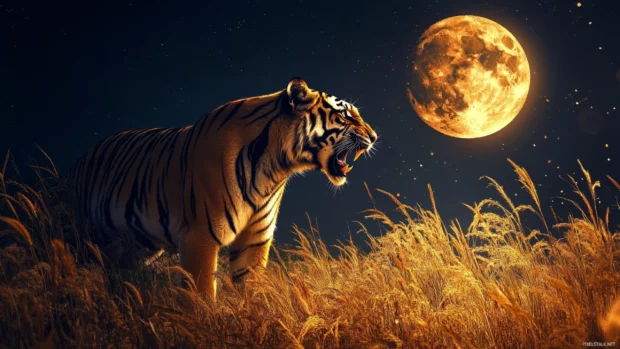 A tiger standing in a field of tall golden grass, roaring towards the sky as the full moon glows above.