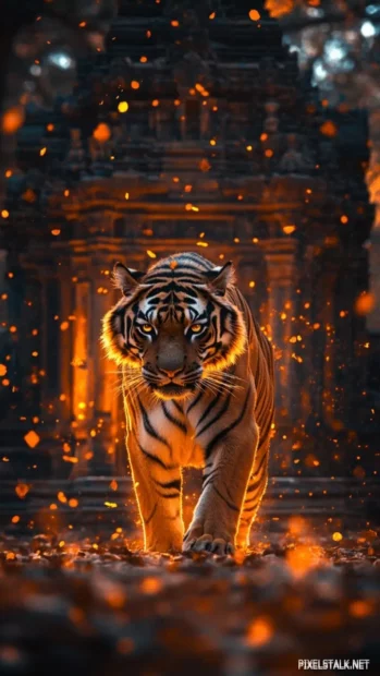 A tiger standing in front of an ancient temple, its body covered in glowing tribal markings, exuding a divine aura.