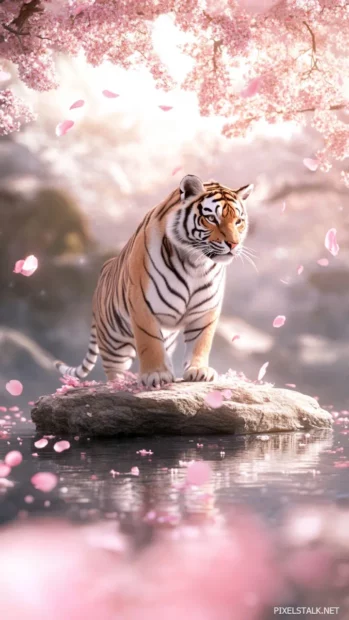 A tiger standing on a floating island, surrounded by cherry blossom petals.