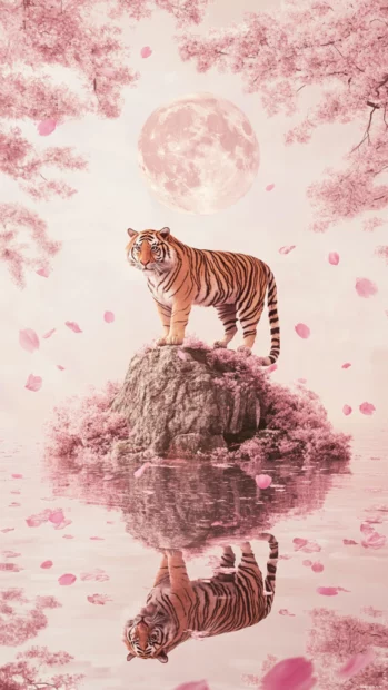 A tiger standing on a floating island, surrounded by cherry blossom petals.