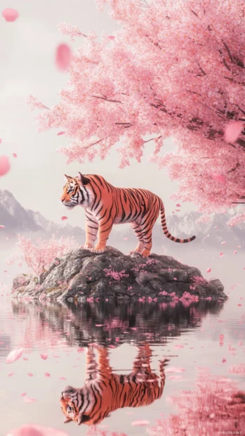 A tiger standing on a floating island, surrounded by cherry blossom petals, a dreamlike fantasy setting.