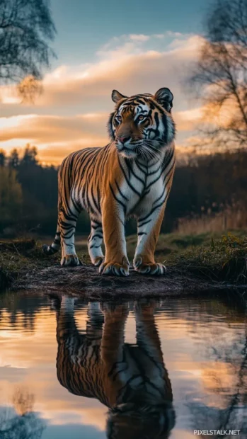 A tiger standing on a mirror like lake at sunset, its reflection creating a surreal and artistic visual effect.