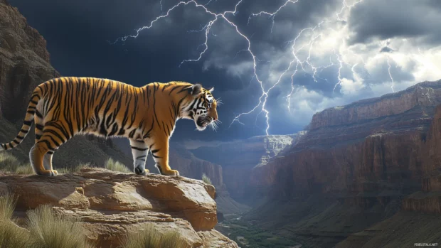A tiger standing on the edge of a deep canyon, growling at the thunderous sky above, lightning striking behind it.
