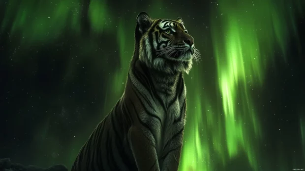 A tiger standing under the aurora borealis, its fur shimmering in the multicolored light, a mystical and powerful presence.