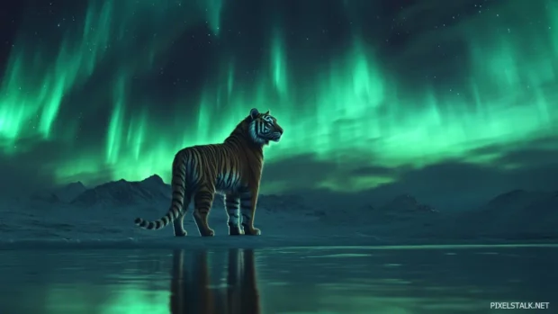 A tiger standing under the aurora borealis, its fur shimmering in the multicolored light, a mystical and powerful presence.
