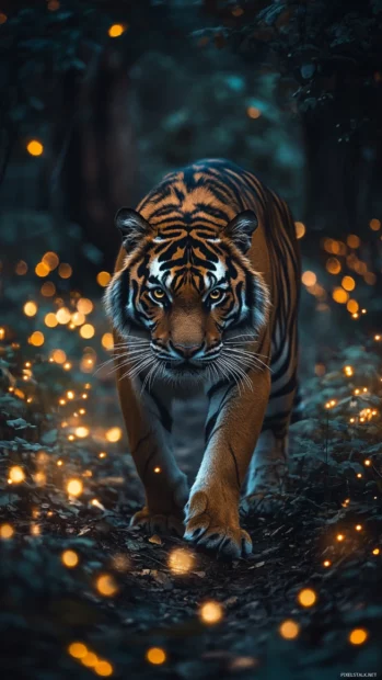 A tiger walking through an enchanted forest, surrounded by glowing mushrooms and mystical fireflies.