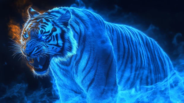 A tiger with an ethereal aura, surrounded by glowing blue mist, its body vibrating with raw power as it roars.